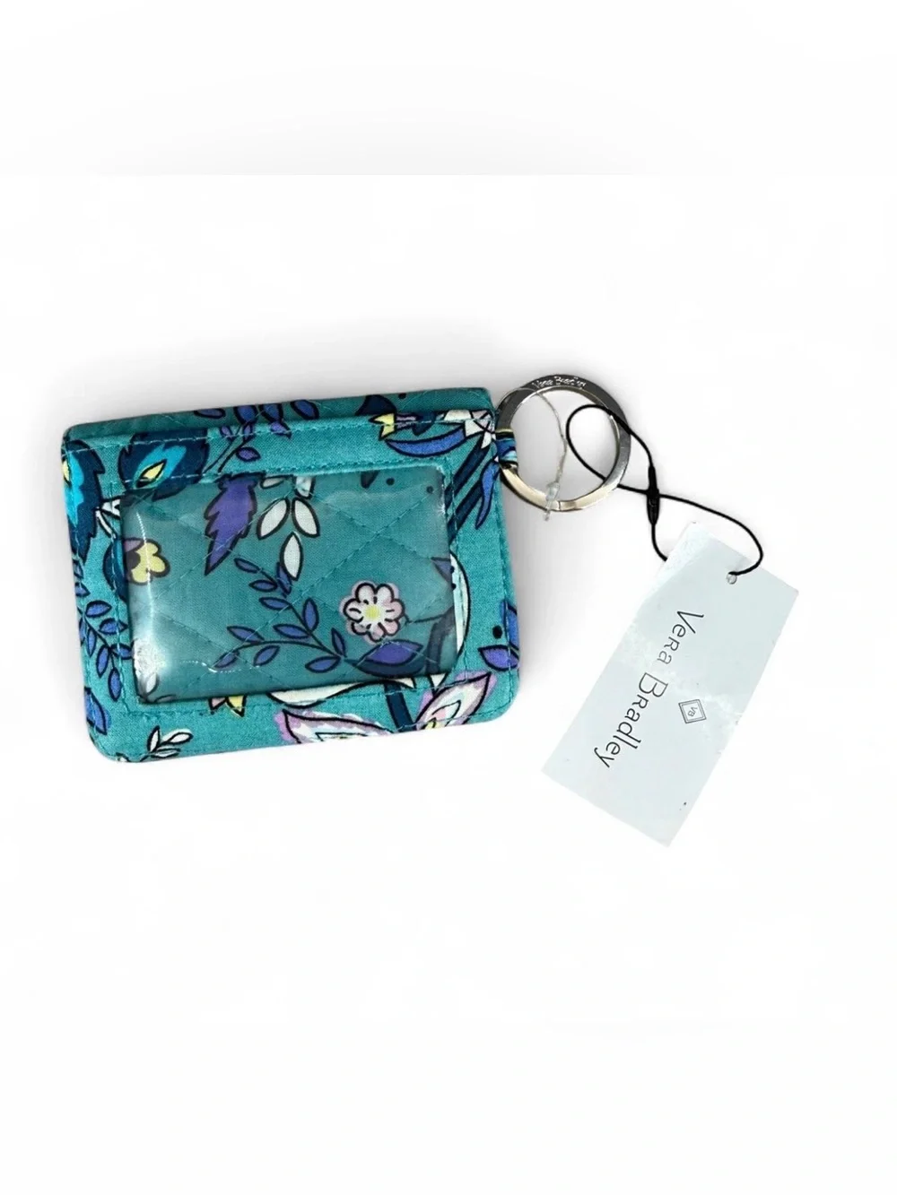 Vera Bradley Campus Double ID Wallet Keychain Peacock Garden Teal Quilted NEW - Picture 2 of 8